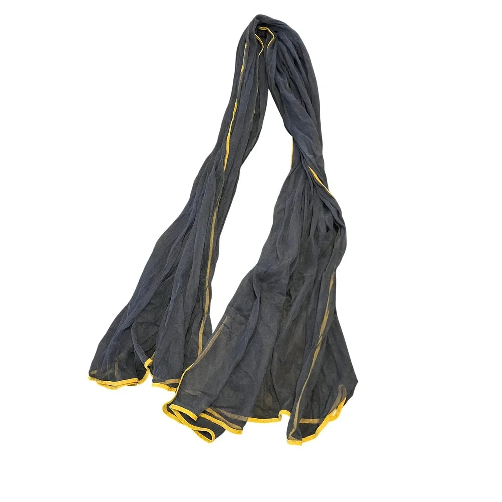 Navy Blue Sheer Net Dupatta Scarf with Yellow Border Trim 80x40